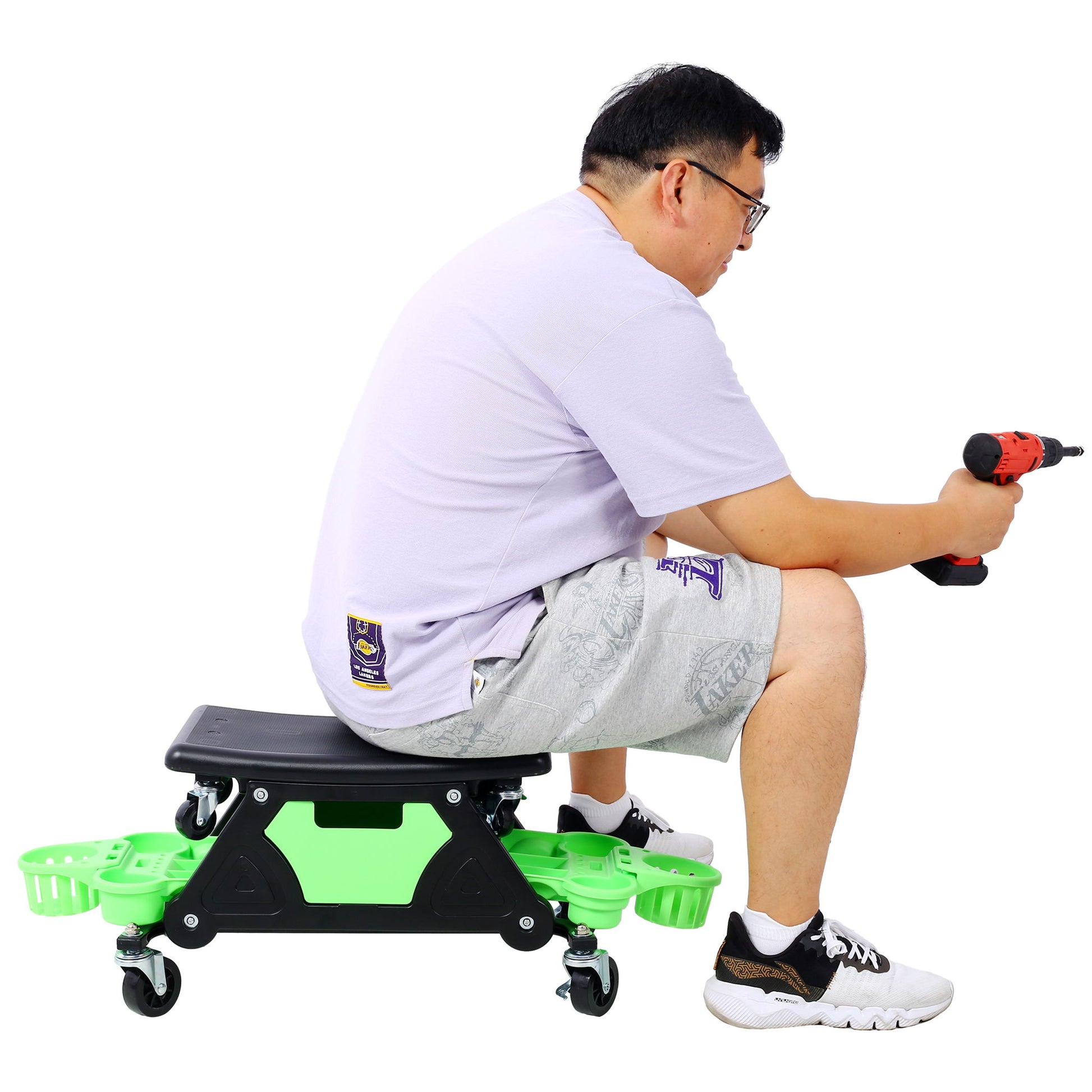 Rolling Detailing Creeper Seat With Wheels, Removable Tool Trays, 300 Lbs Capacity - Green Daily Nest
