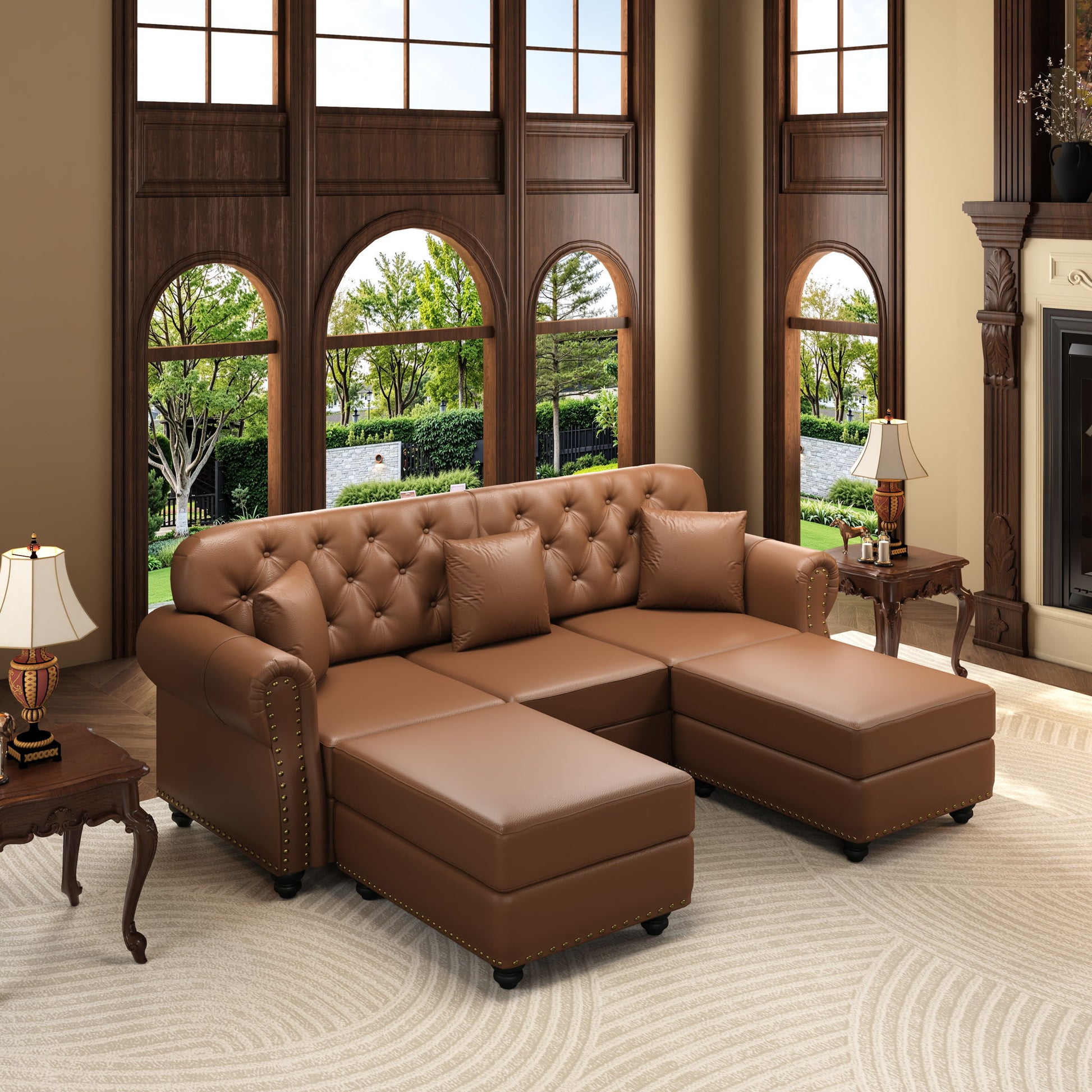 Upholstered Sofa With Nailhead Trim, Rolled Armrests With Ottoman Home Essentials