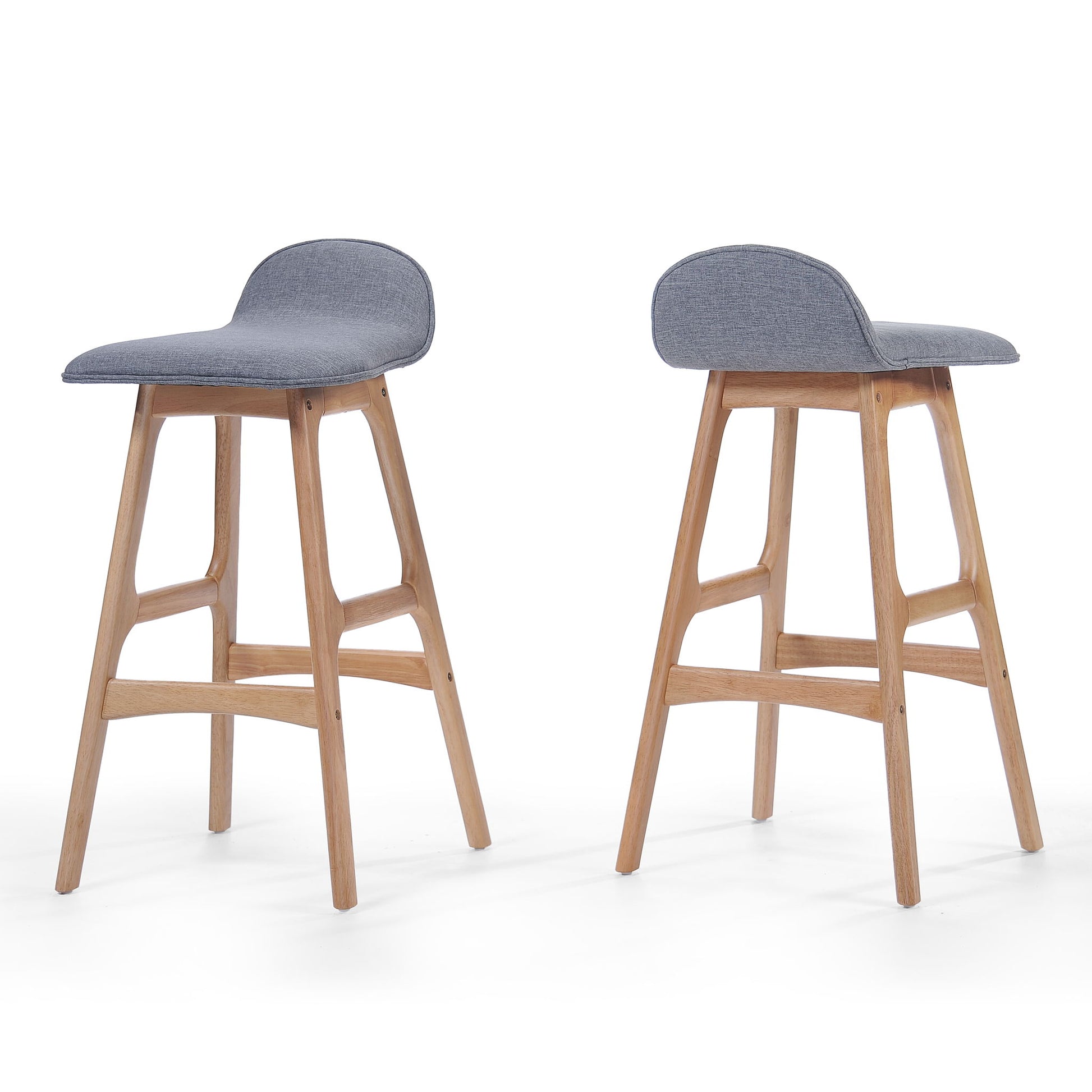 Mid Century Modern Upholstered Low Back Barstools (Set of 2) - Gray / Natural Oak Noble House
