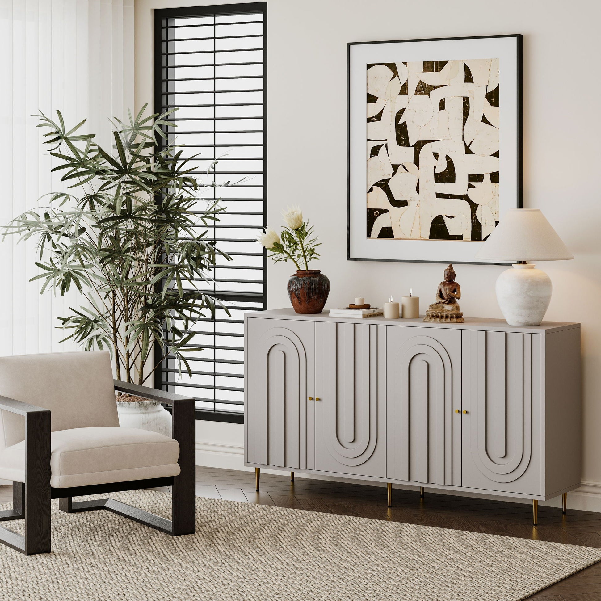 Modern Lacquered 4 Door Cabinet Sideboard Buffet Server Cabinet Storage Cabinet, For Living Room, Entryway, Hallway, Office, Kitchen And Dining Room Home Essentials