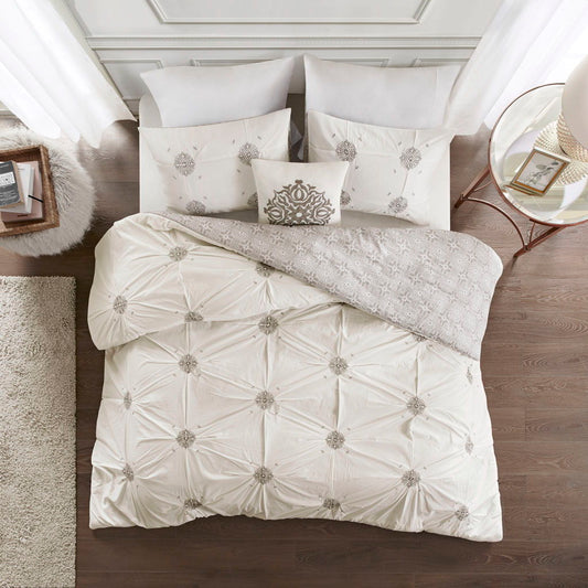 Malia - 4 Piece Embroidered Reversible Duvet Cover Set - Ivory Madison Park