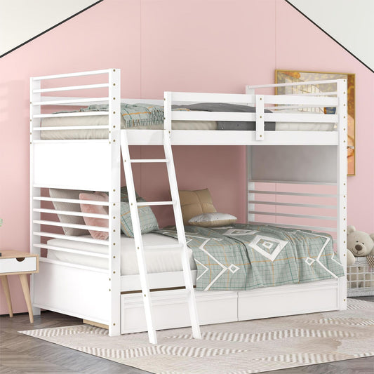 Twin Over Twin Wood Bunk Bed With Two Drawers - White