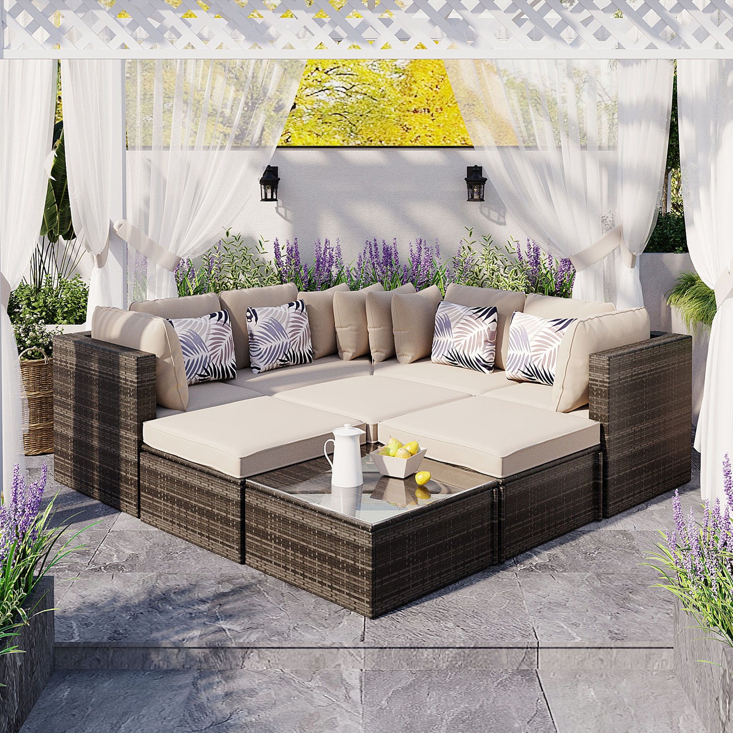 8 Piece Outdoor Wicker Sofa Set, Rattan Sofa Lounger, With Colorful Pillows, Conversation Sofa, For Patio, Garden, Deck - Brown / Beige