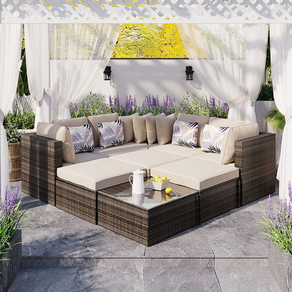 8 Piece Outdoor Wicker Sofa Set, Rattan Sofa Lounger, With Colorful Pillows, Conversation Sofa, For Patio, Garden, Deck - Brown / Beige