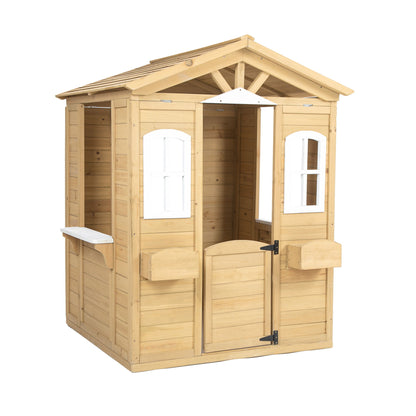 Wooden Playhouse For Kids Outdoor With Working Door, Windows, Mailbox, Flowers Pot Holder - Natural