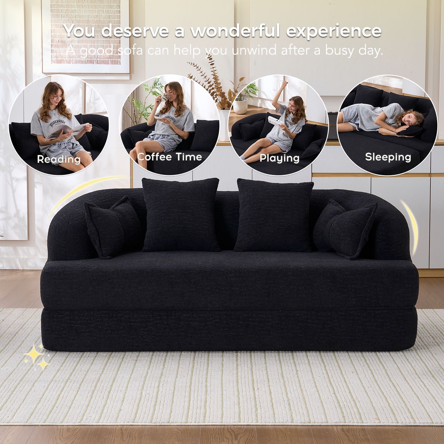 Foldable Sofa Bed, Boneless Couch Convertible Sleeper With 4 Pillows Home Essentials