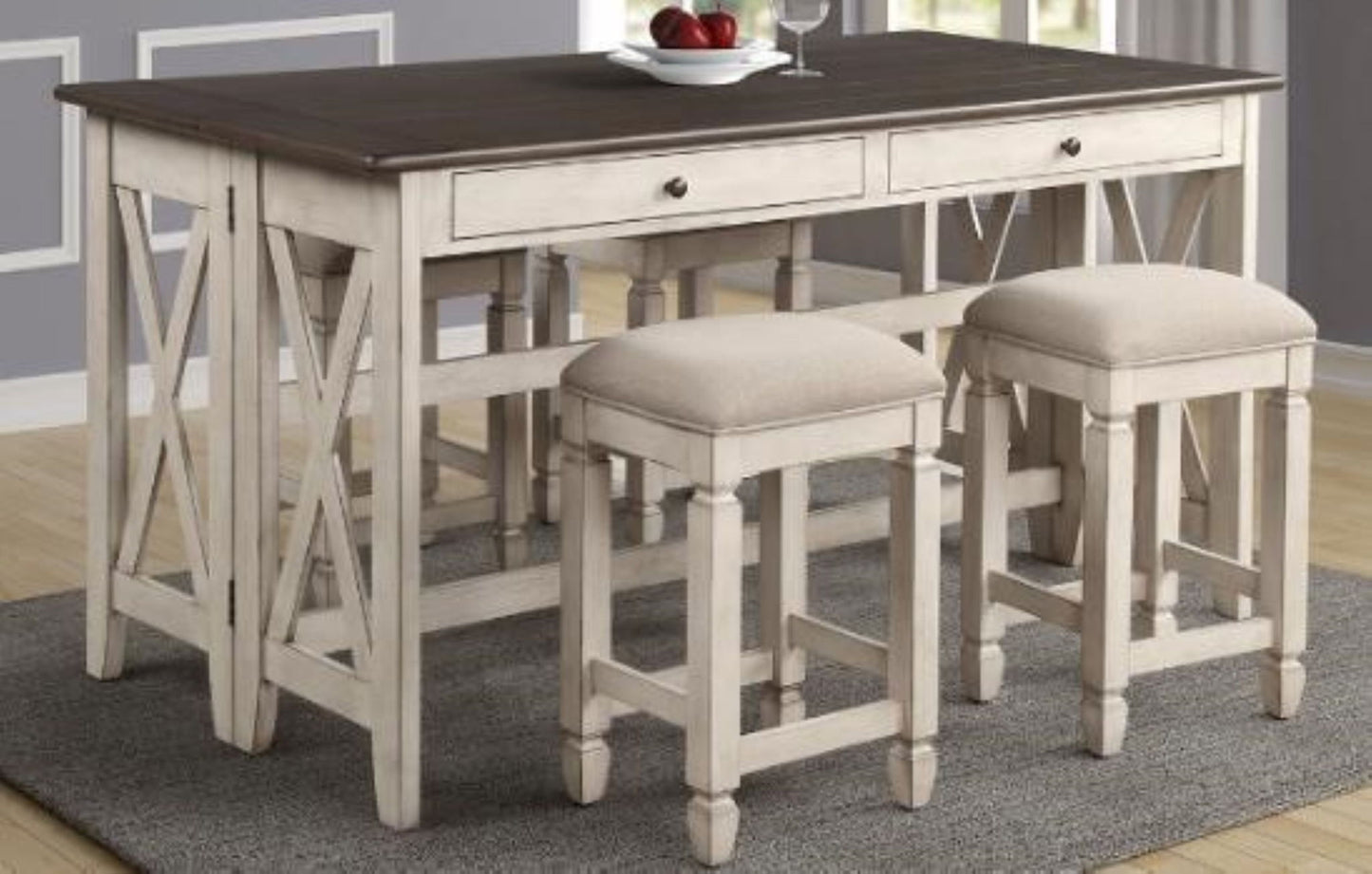 Drop Leaf Table With 4 Stools - Antique White Bernards Furniture