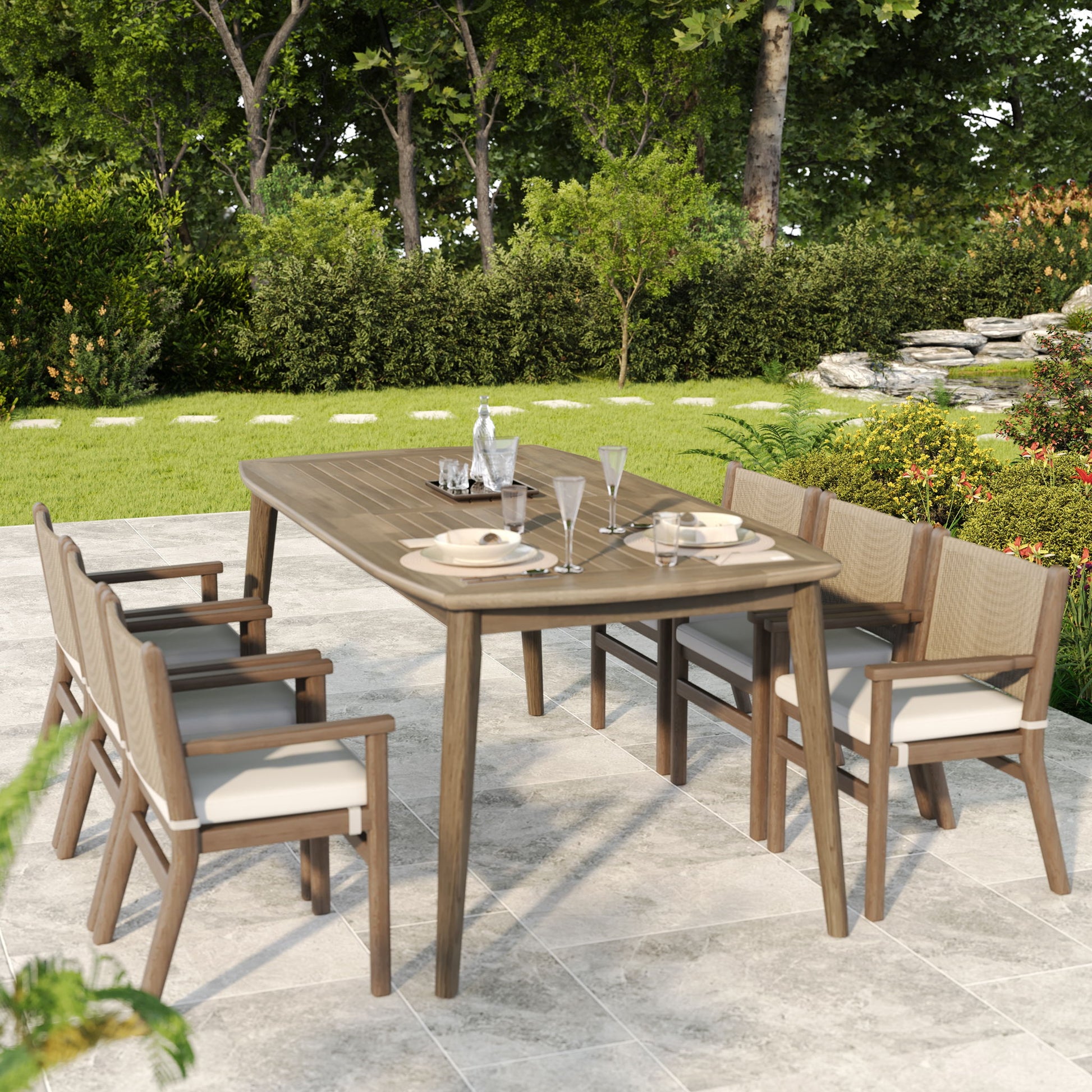 Acacia Wood Dining Table 8 Person Outdoor Table, Farmhouse Furniture For Patio, Garden, Backyard - Light Brown Noble House
