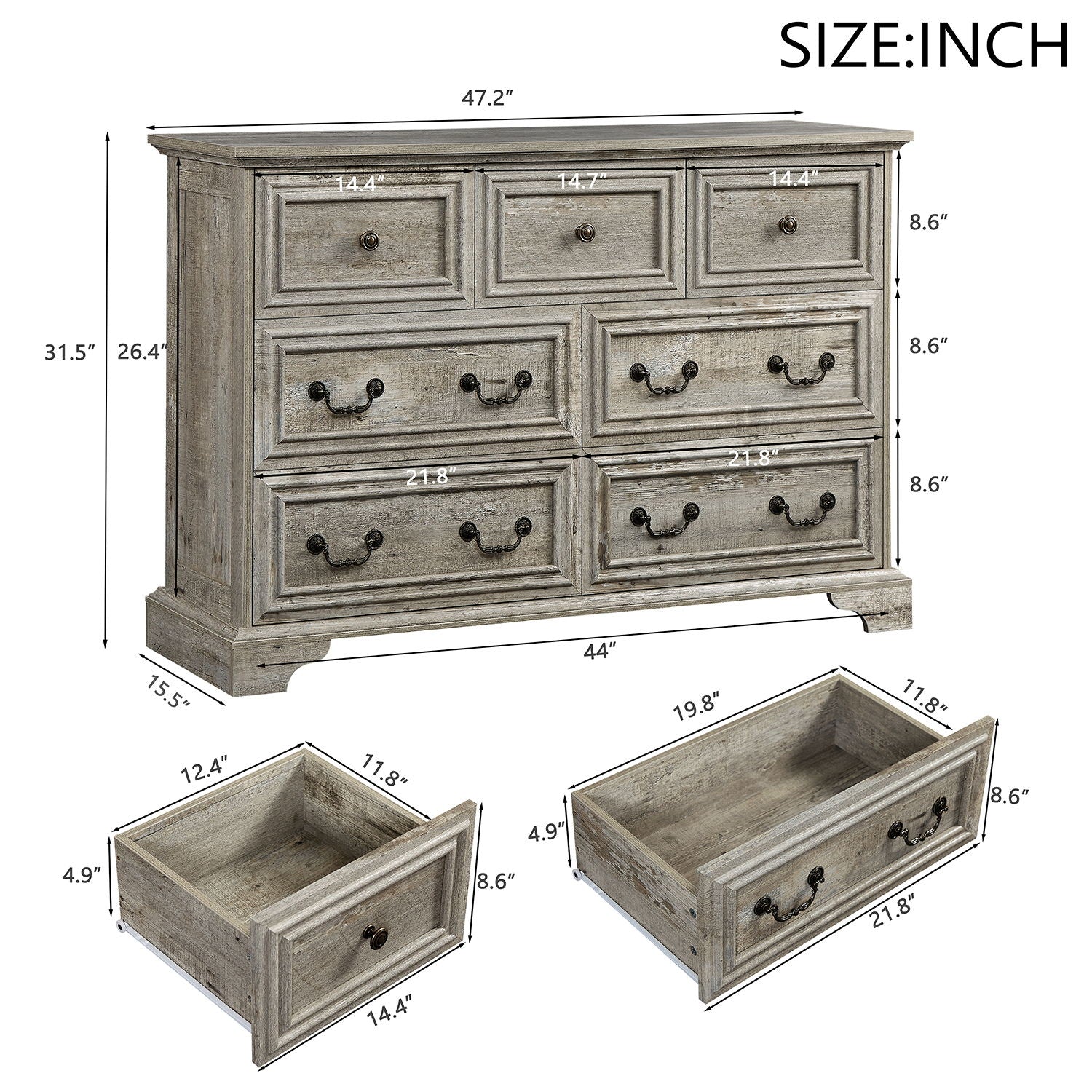 Farmhouse Vintage 7 Drawers Dresser With Natural Texture Home Essentials