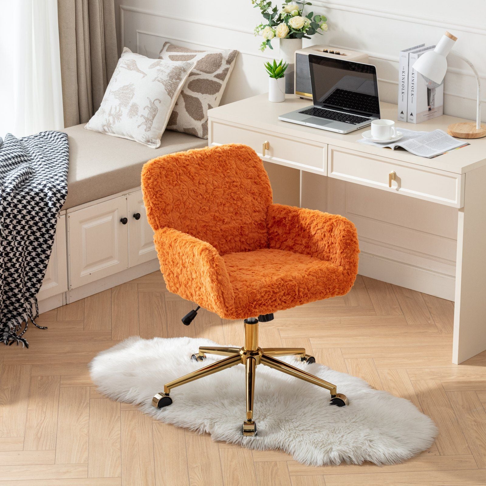 Office Chair, Artificial Rabbit Hair Home Office Chair With Golden Metal Base, Adjustable Desk Chair Swivel Office Chair, Vanity Chair Home Essentials