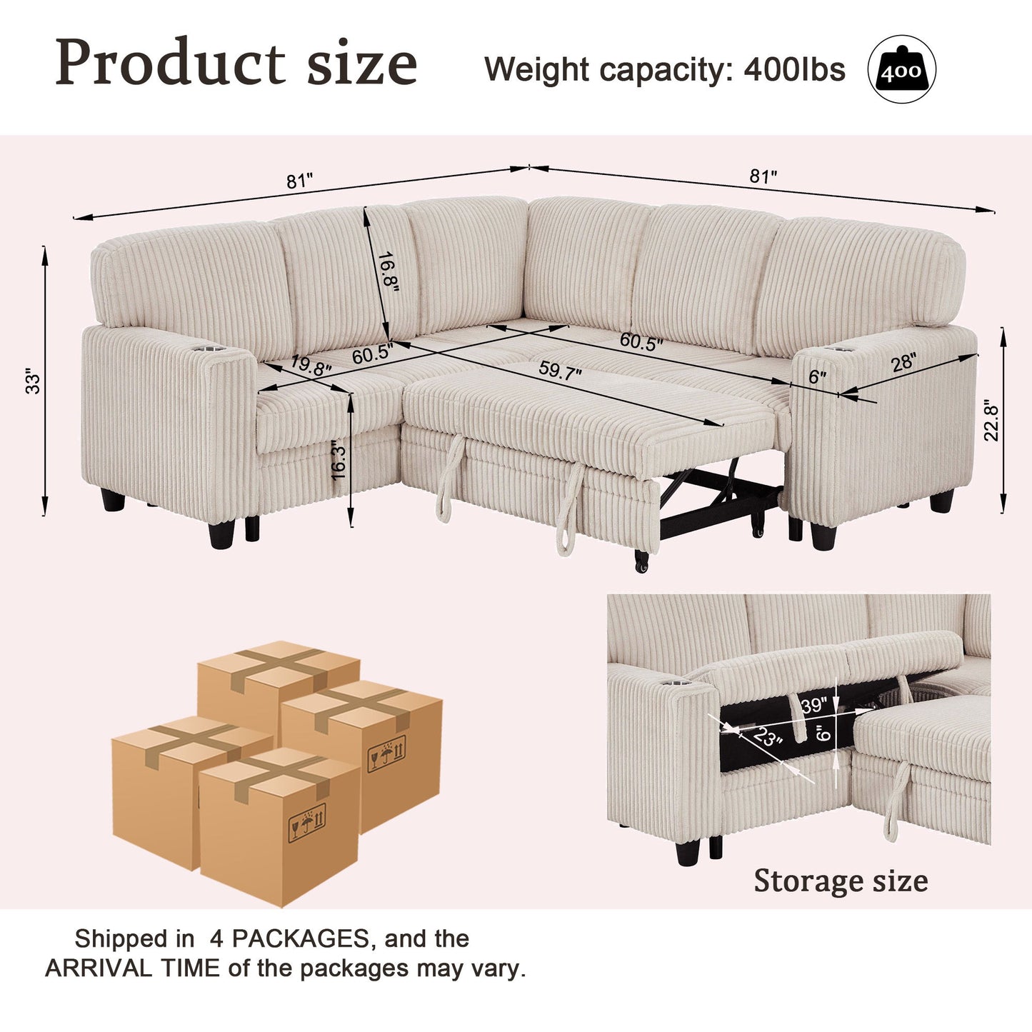 L-Shaped Sofa With Pull Out Sofa Bed With USB Home Essentials