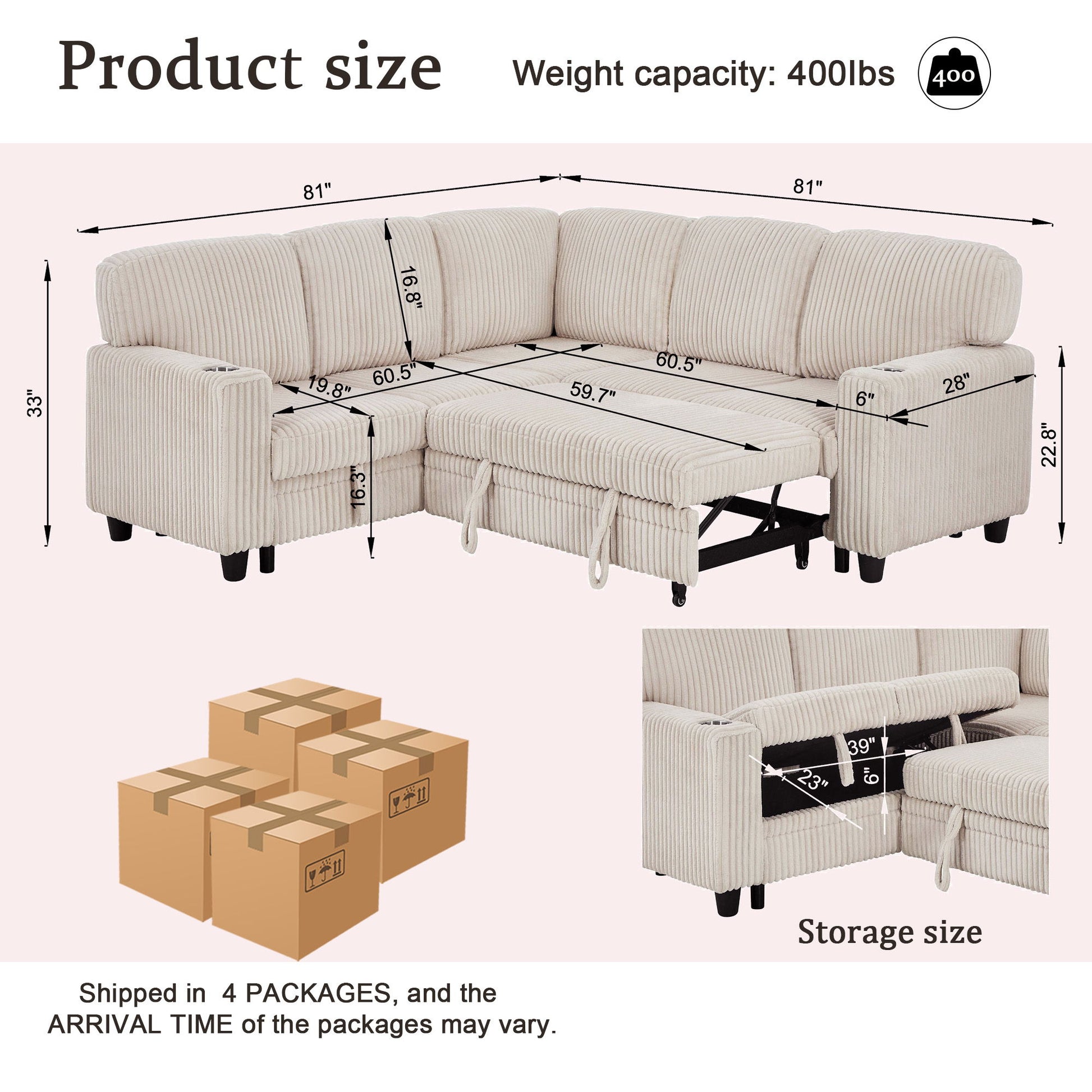 L-Shaped Sofa With Pull Out Sofa Bed With USB Home Essentials