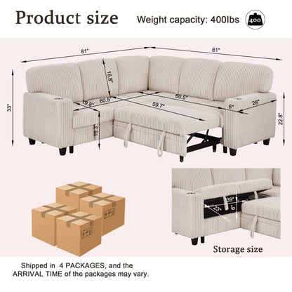 L-Shaped Sofa With Pull Out Sofa Bed With USB Home Essentials