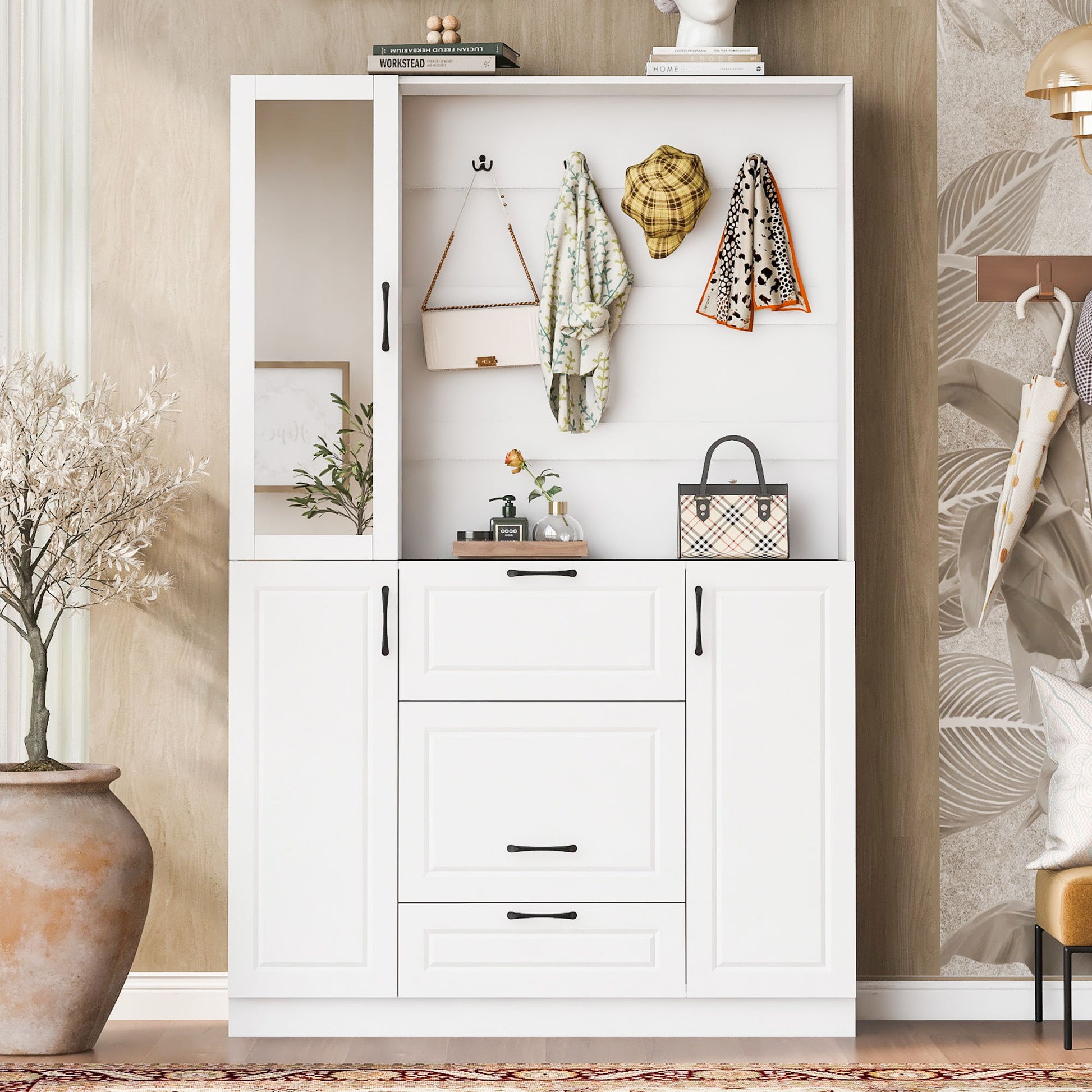 Entryway Bench With Integrated Shoe Cabinet, 3 In 1 Design And Mirrored Cabinet Door, Hall Tree With 4 Sturdy Hooks And Foldable Seat For Entrance, Living Room - White Hearth and Haven