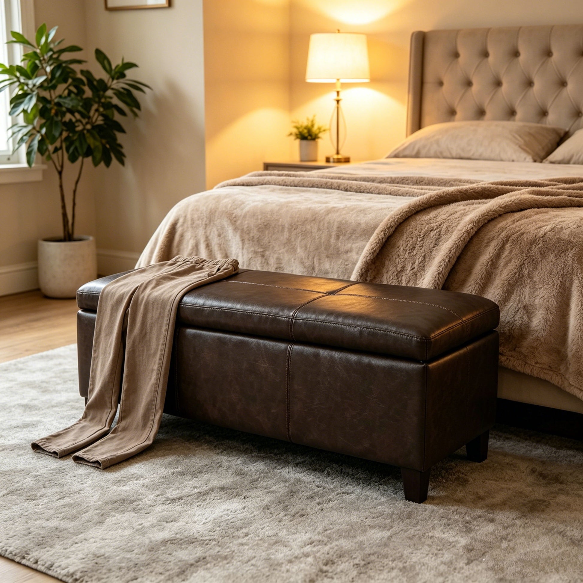 Rectangle Storage Ottoman Bench For Living Room - Brown Home Essentials