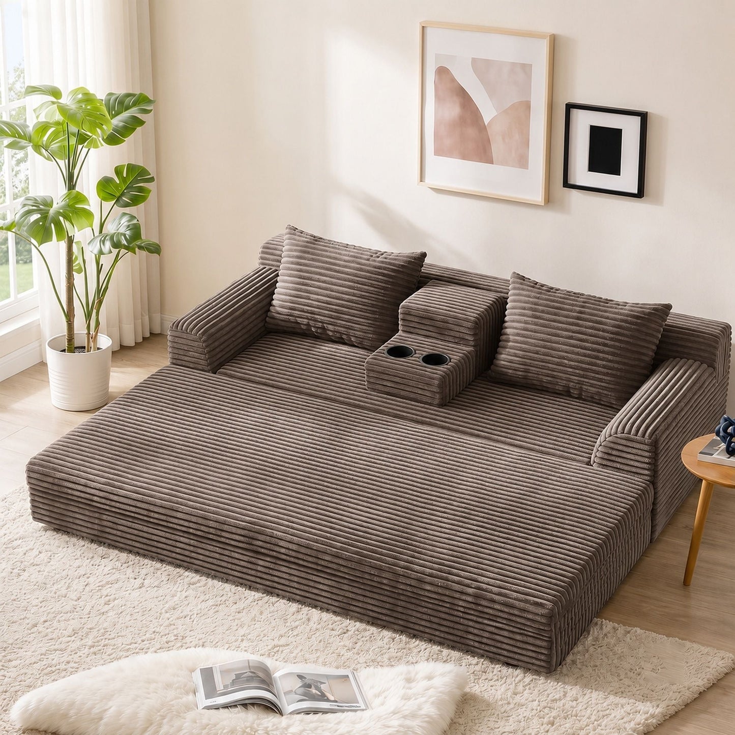 Soft Striped Convertible Sofa Bed, Dual Use Lounge Couch With Cup Holders And Pillows Home Essentials