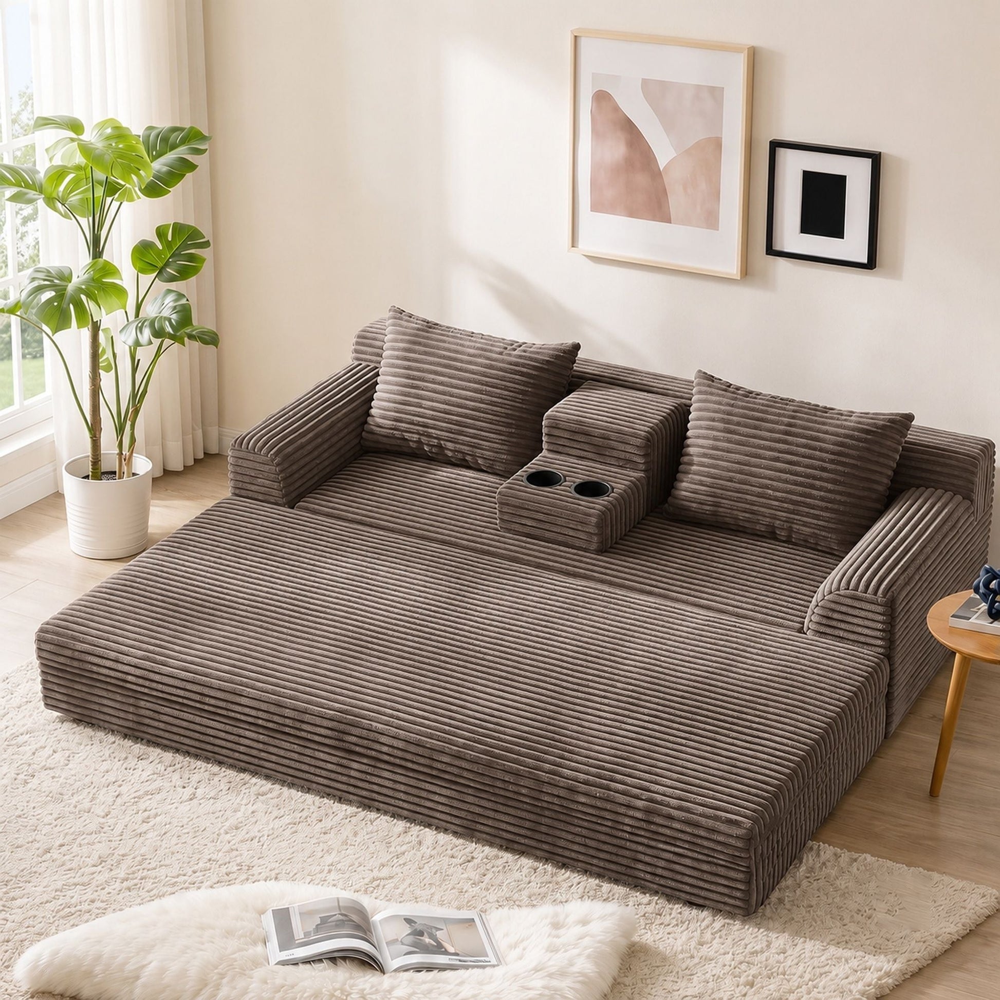 Soft Striped Convertible Sofa Bed, Dual Use Lounge Couch With Cup Holders And Pillows Home Essentials