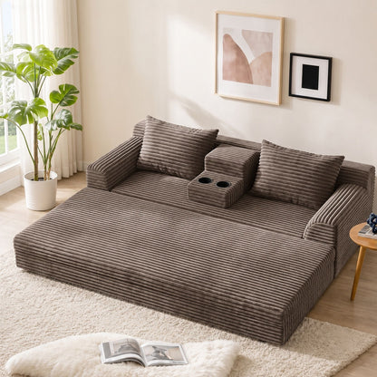 Soft Striped Convertible Sofa Bed, Dual Use Lounge Couch With Cup Holders And Pillows Home Essentials