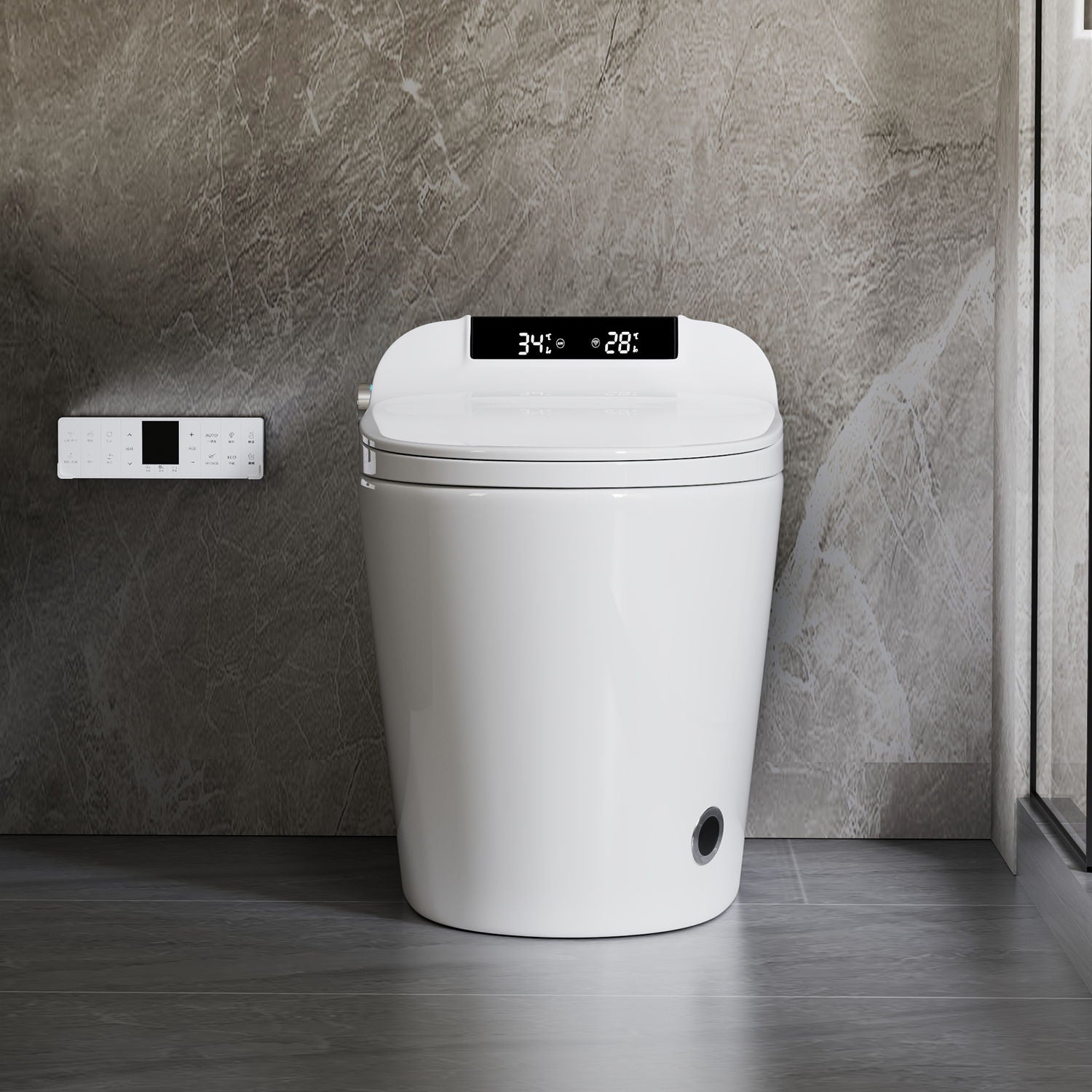 Smart Toilet Bidet Combo With Foot Sensor Open Cover / Seat, Self Cleaning Nozzle, LED Display, Three Level Heated Seat / Airflow, Night Light, Knob Control, Soft Close, Auto Flush, With Remote Control - Gloss White Daily Nest