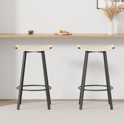 Counter Height Bar Stools Backless Handwoven Kitchen Dining Chairs With Round Footrest (Set of 2) Weaving Pub Stoo - Creamy White Home Essentials