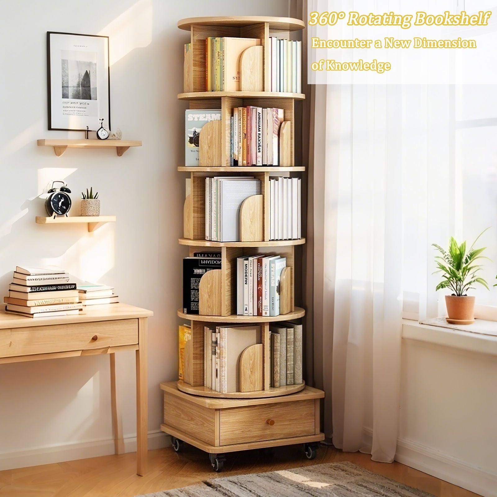 6 Tier Rotating Bookshelf With Wheels And Drawer, 360° Spinning Design, Space Saving Storage, For Home - Wood Home Essentials