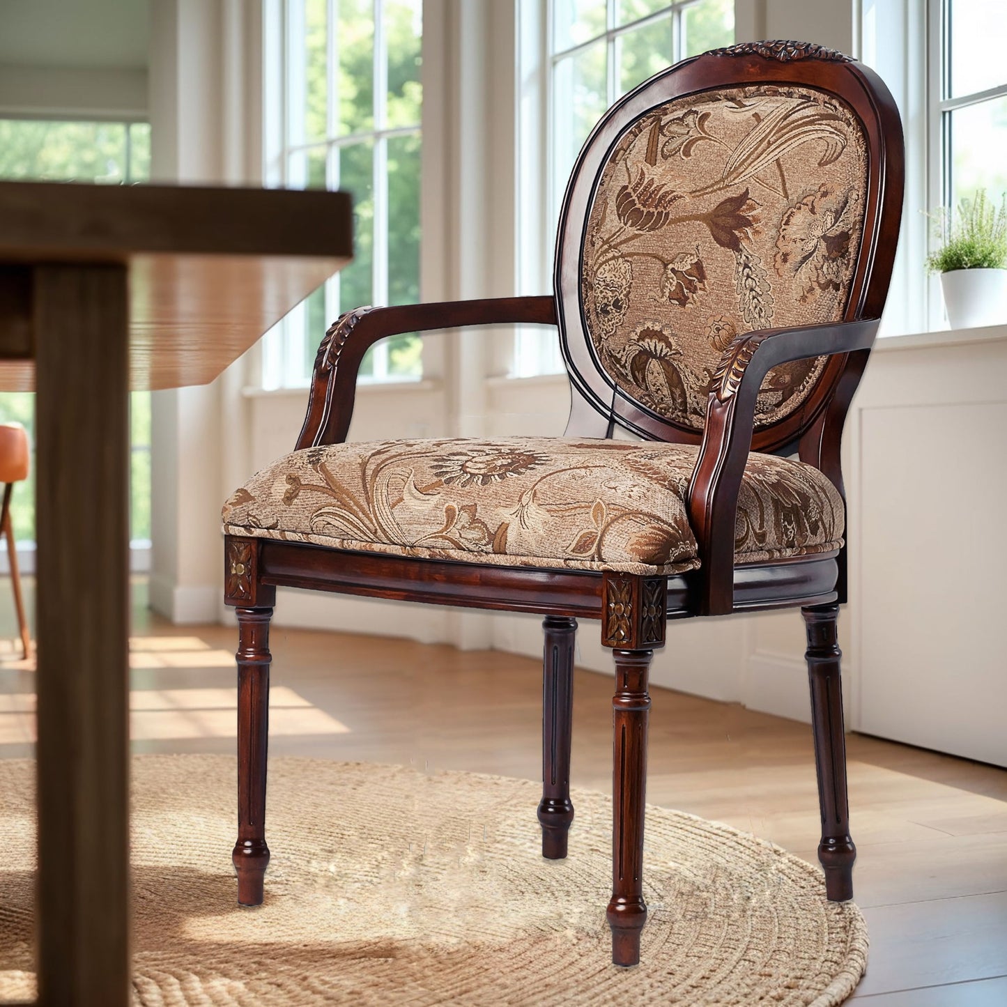 Bernice - Oval Back Chair With Floral Carvings - Brown / Beige Gray Ridgecrest Home