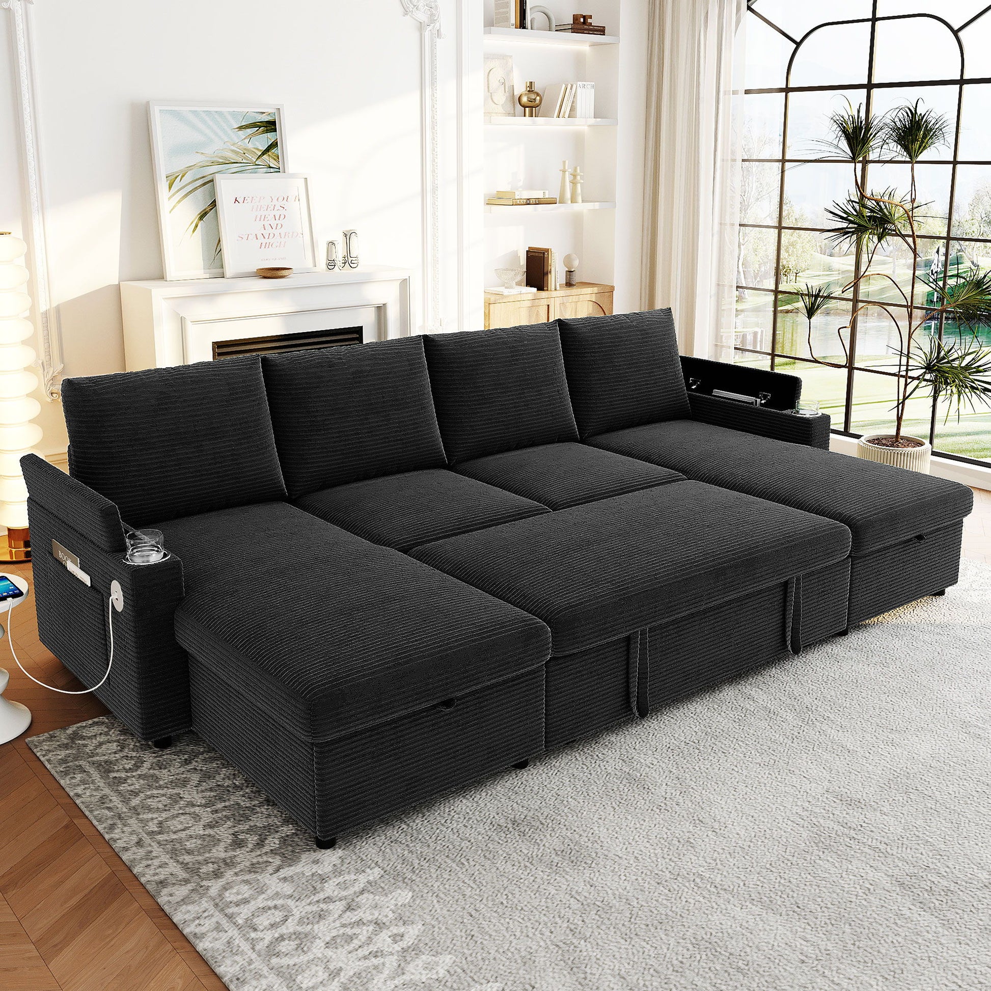 U Shaped Sectional Sofa Bed With Storage Chaise Lounges, USB Ports, And Cup Holders Hearth and Haven