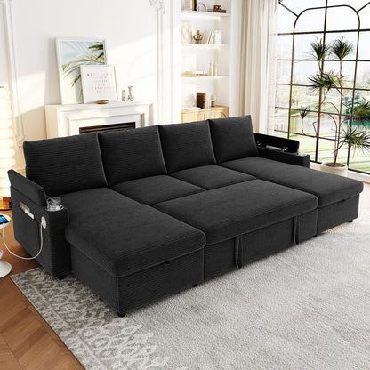 U Shaped Sectional Sofa Bed With Storage Chaise Lounges, USB Ports, And Cup Holders Hearth and Haven