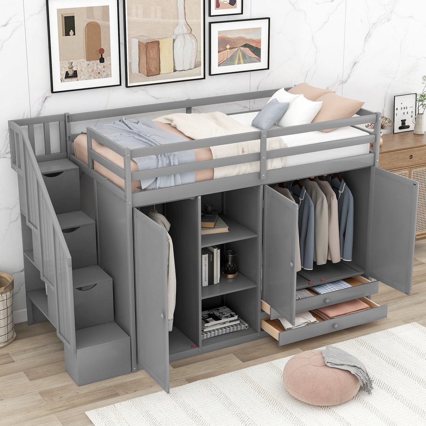 Loft Bed With 3 Shelves, 2 Wardrobes, 2 Drawers, Ladder Storage Hearth and Haven