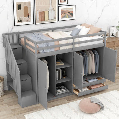 Loft Bed With 3 Shelves, 2 Wardrobes, 2 Drawers, Ladder Storage Hearth and Haven