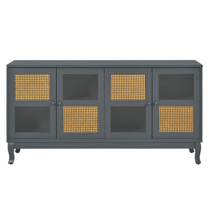 Retro Industrial 4 Door Sideboard With Large Storage, Rattan And Glass Doors Home Essentials