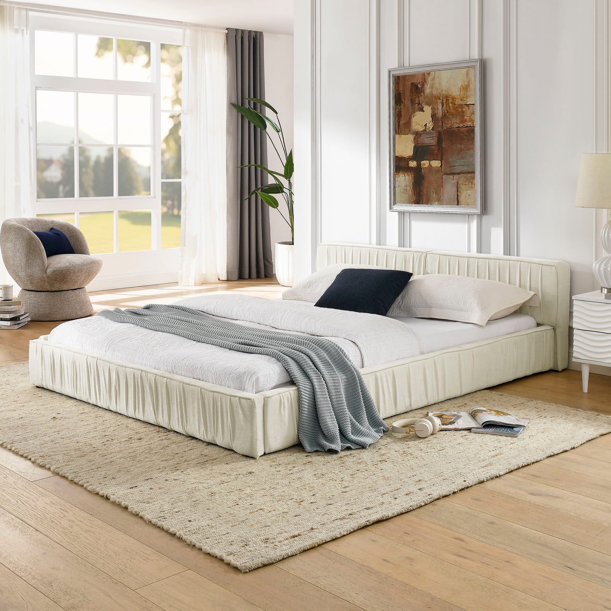 Modern Upholstered Platform Bed Frame With Pleated Design Home Essentials