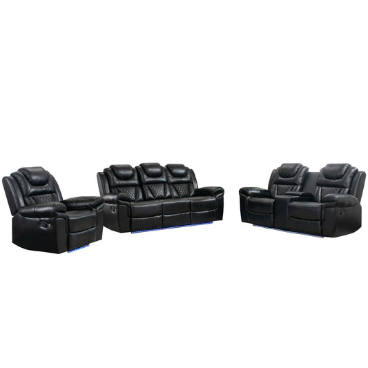 3 Pieces Recliner Sofa Sets Home Theater Seating Manual Recliner Chair With Center Console And LED Light Strip For Living Room Hearth and Haven