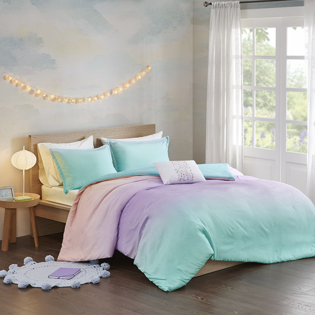 Glimmer - Twin Metallic Glitter Printed Reversible Duvet Cover Set - Aqua Mi Zone