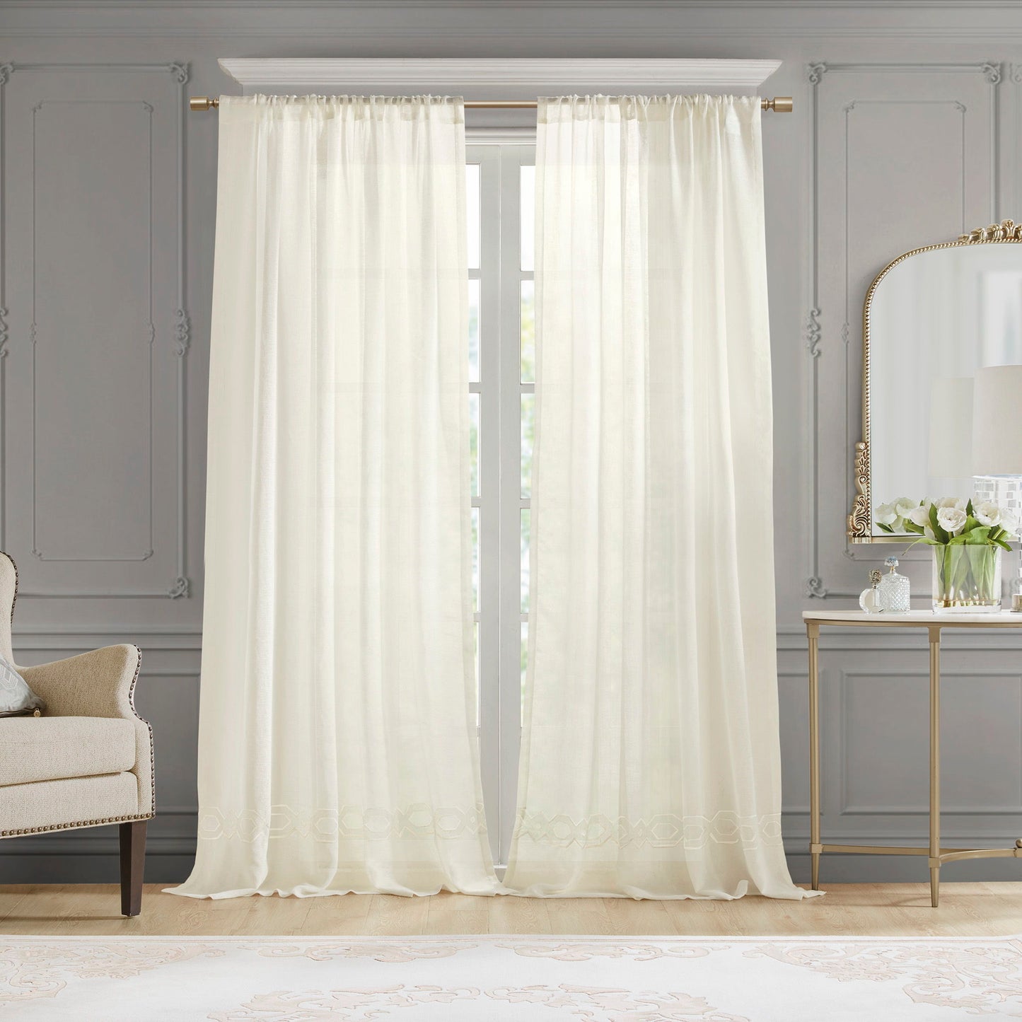 Cornelli - Embroidery Curtain Panel Single- Ivory