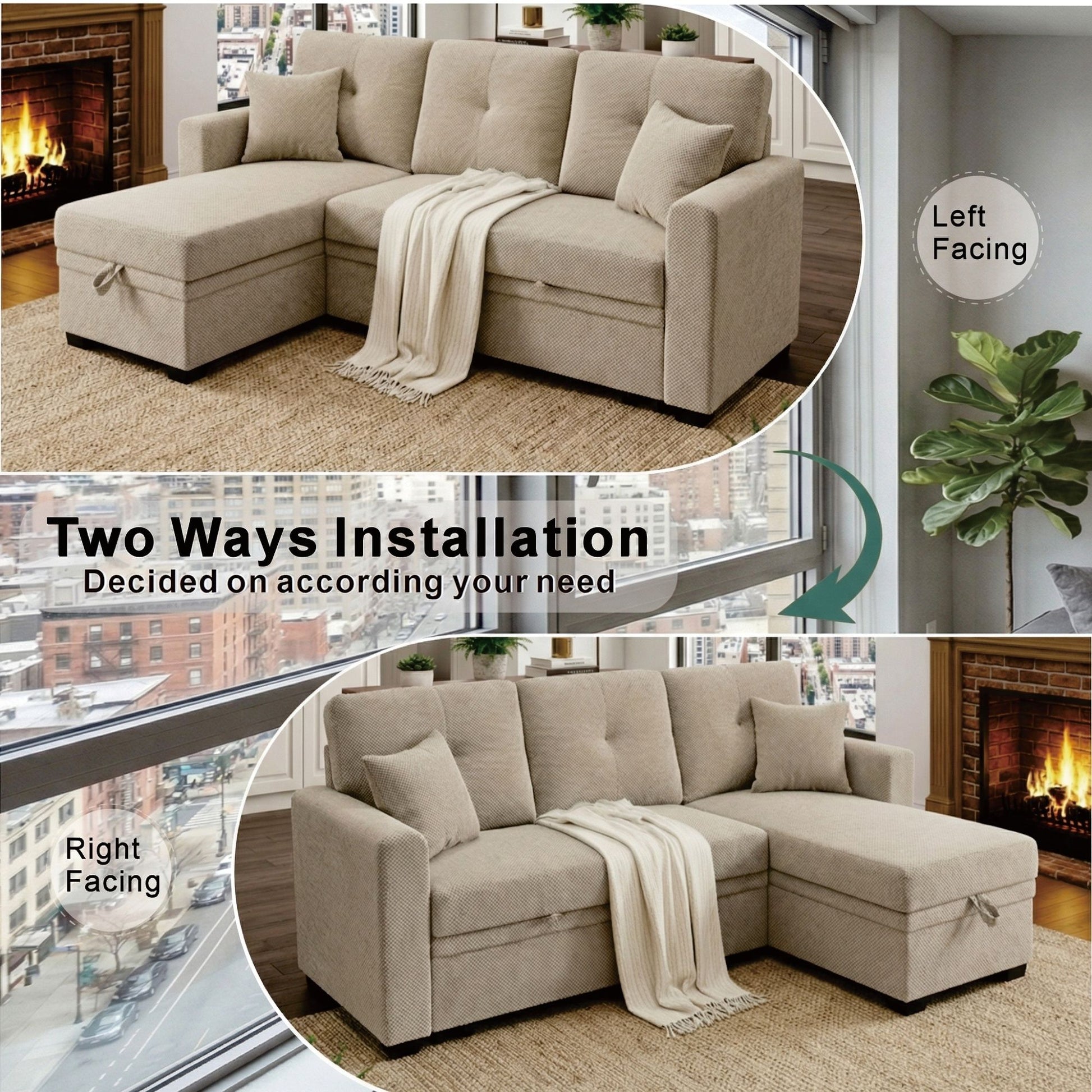 Sleeper Sectional With Pull Out Bed, Reversible Chaise Home Essentials