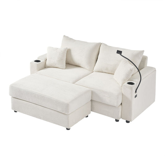 Modern Style Loveseat Sofa Sectional Sofa Couch With Storage Space, A Movable Ottoman, Two USB Ports, Two Cup Holders, A Phone Holder For Living Room Hearth and Haven