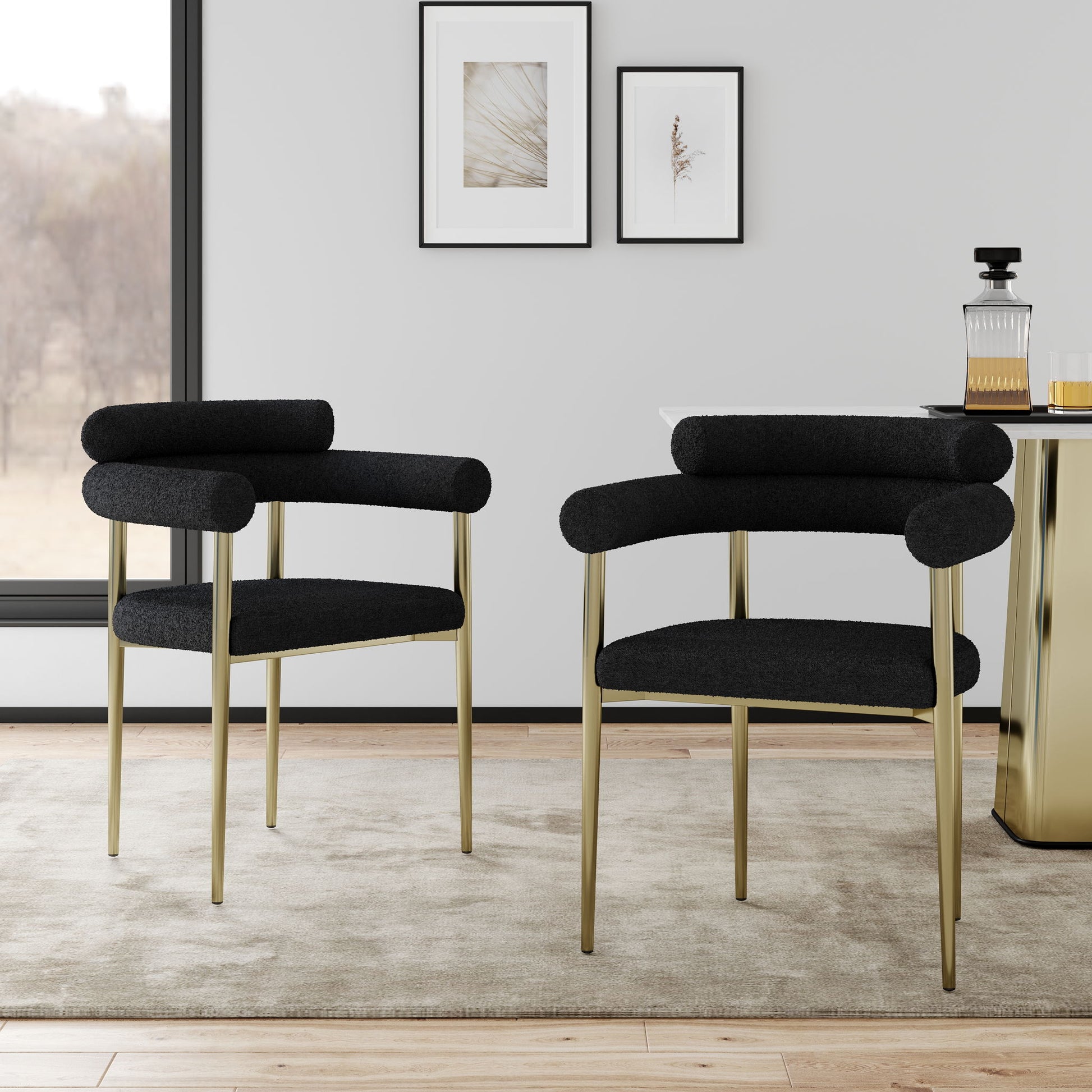 Dining Chairs (Set of 2), Mid-Century Modern Dining Chairs, Kitchen Dining Room Chairs, Round Boucle Backrest Sherpa Dining Chair With Brushed Bronze Metal Legs Home Essentials