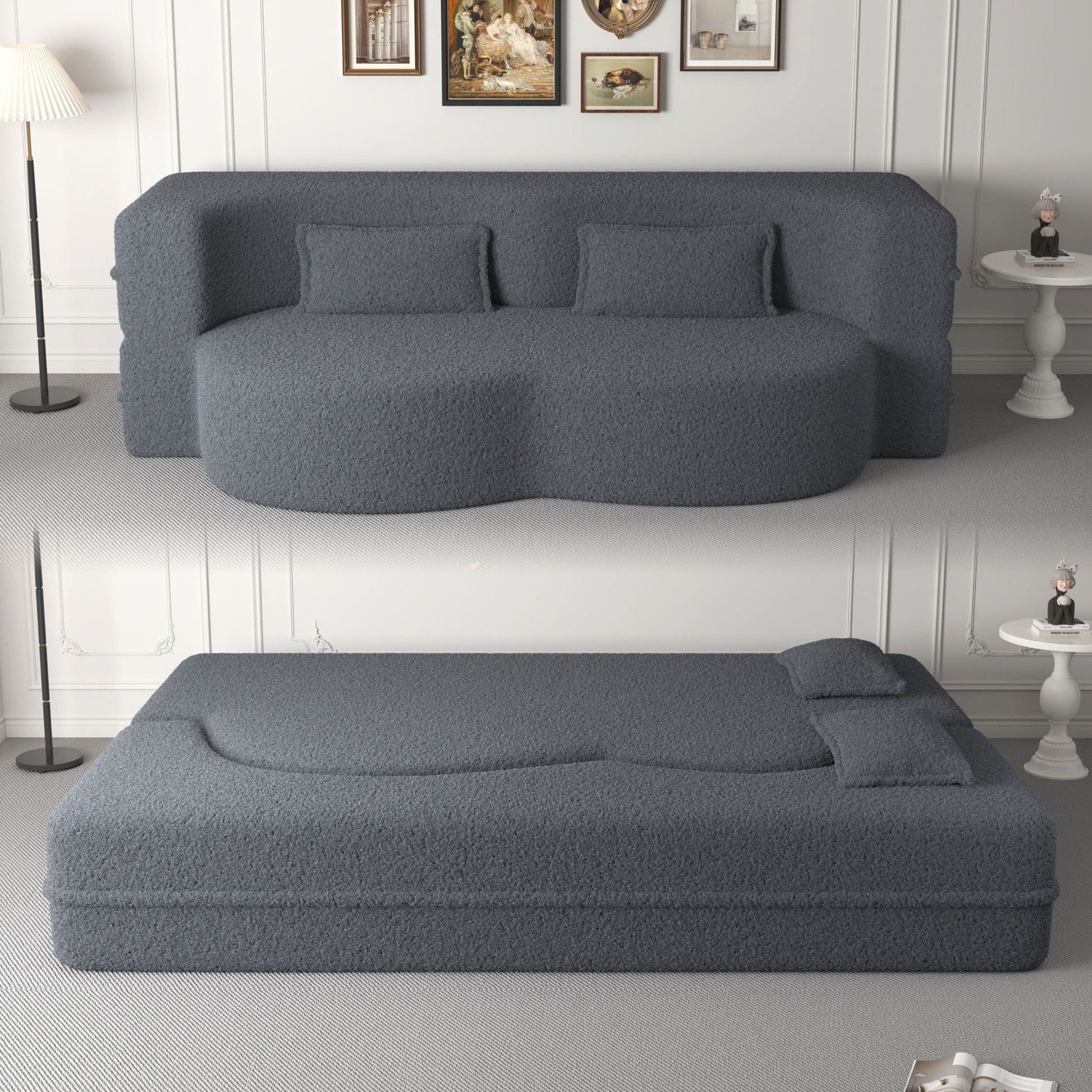 Modern Floor Sofa, With 2 Pillows, Convertible Teddy Fabric Foam Filled Bed Home Essentials