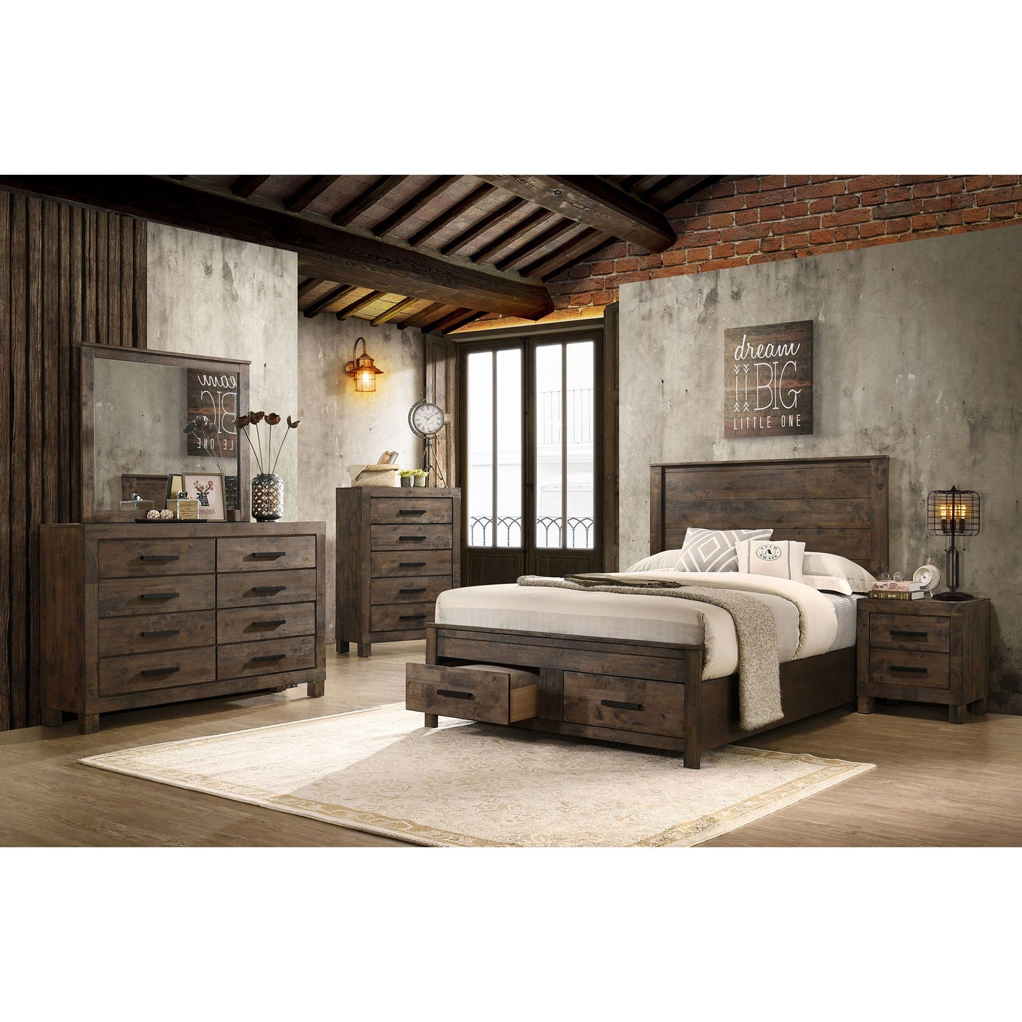 Greely - 5 Piece King Storage Bedroom Set Includes Bed, Nightstand, Dresser, Mirror & Chest - Rustic Brown Furniture Max
