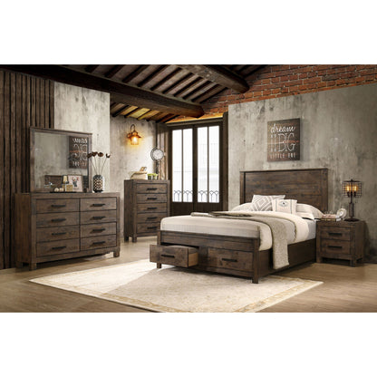 Greely - 5 Piece King Storage Bedroom Set Includes Bed, Nightstand, Dresser, Mirror & Chest - Rustic Brown Furniture Max