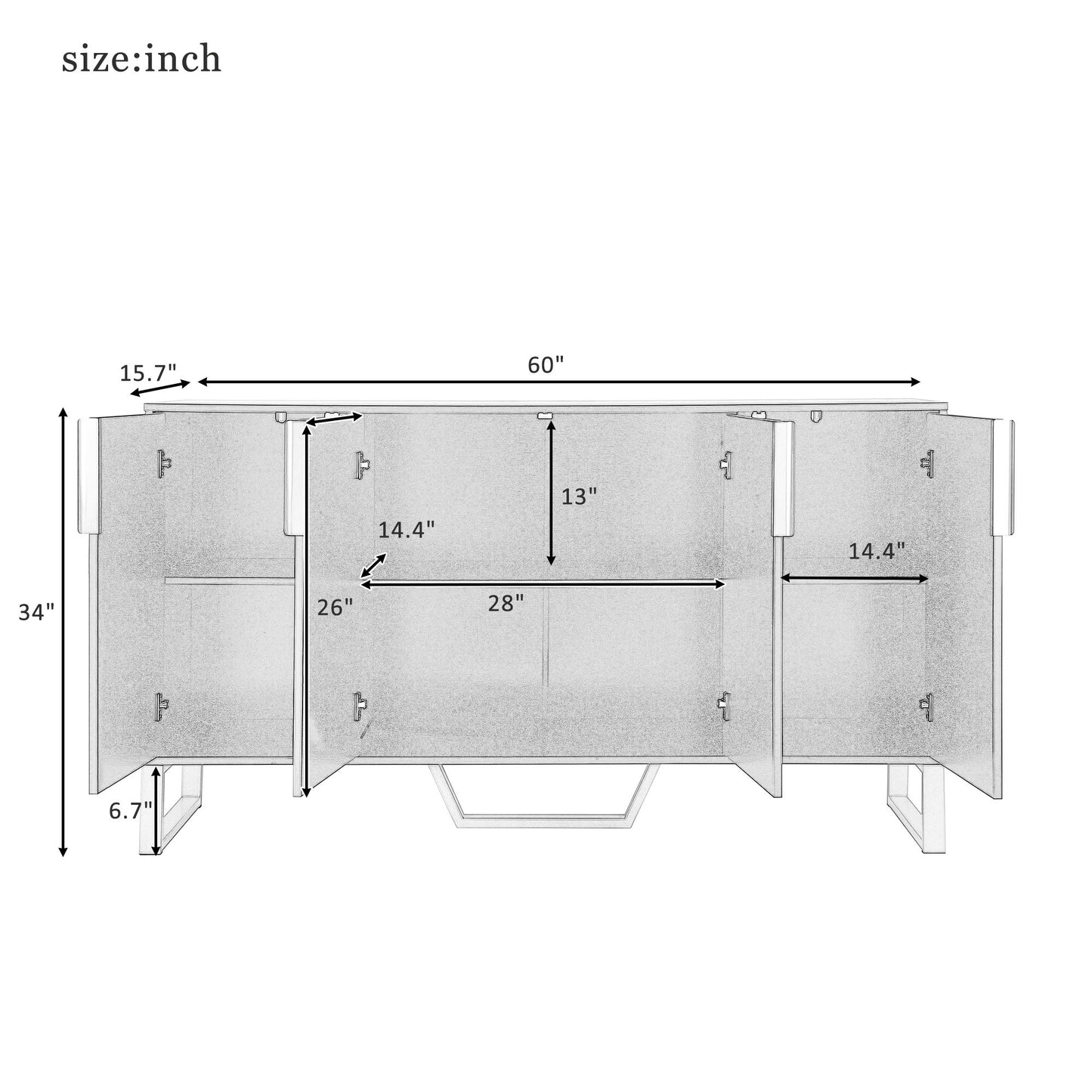 Modern Sideboard With Four Doors, Metal Handles & Legs And Adjustable Shelves Kitchen Cabinet Hearth and Haven