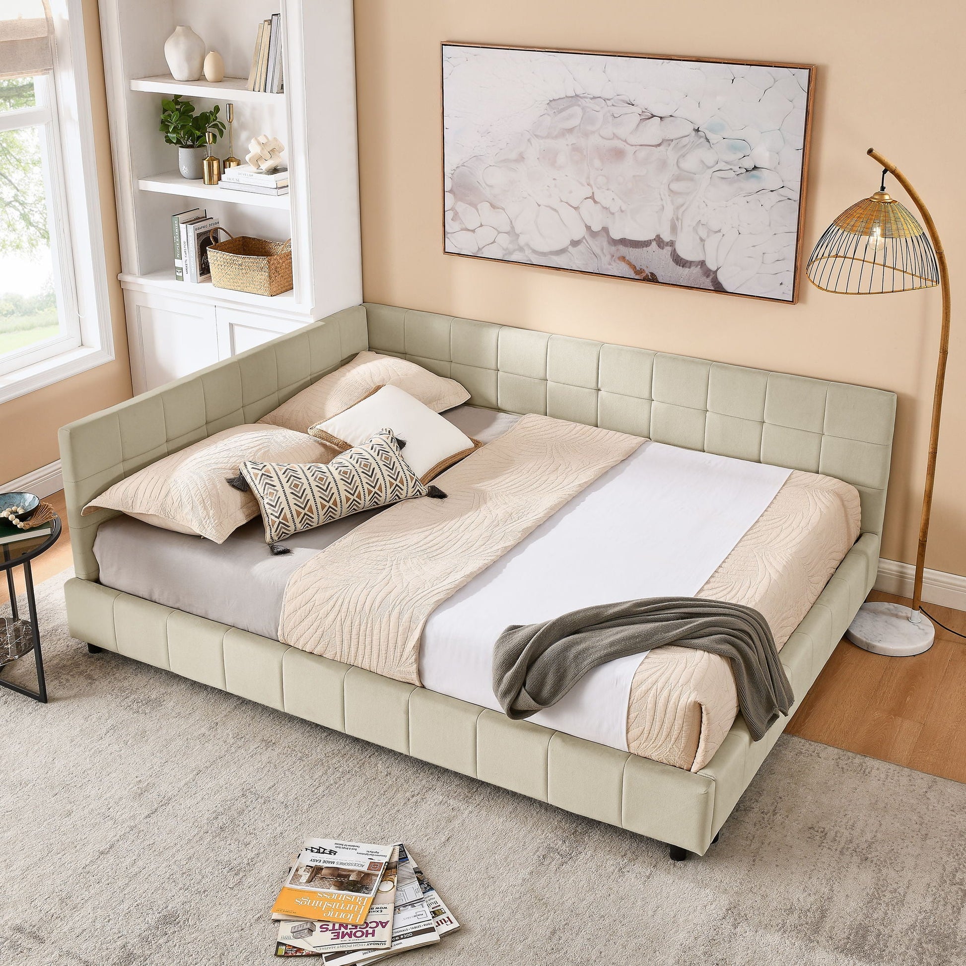 Mid-Century Storage Upholstered Tufted Bed Frame With Backrest And Armrests Home Essentials