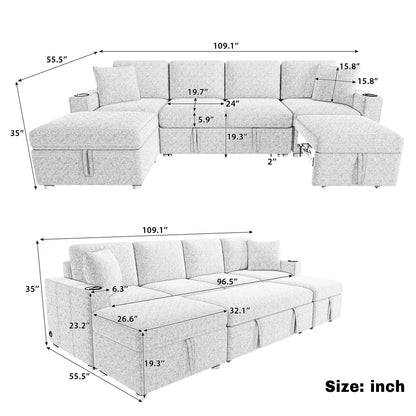 Sectional Sofa Convertible Pull-Out Bed With Storage Ottoman & USB Ports Hearth and Haven