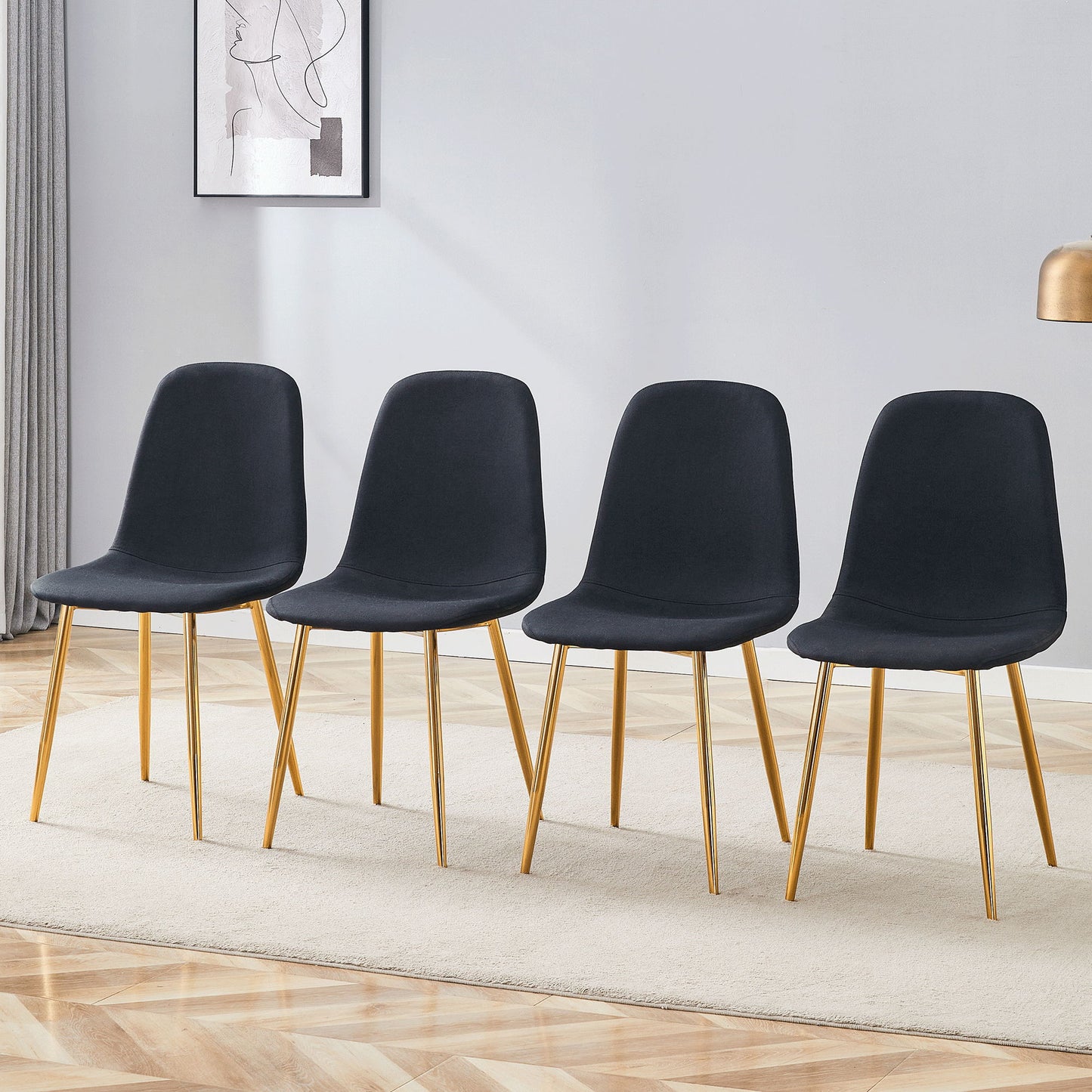 Luxury Simple Chair (Set of 4) Linen Cotton High Resilience Dining Chair With Metal en Legs - Black / Gold Home Essentials