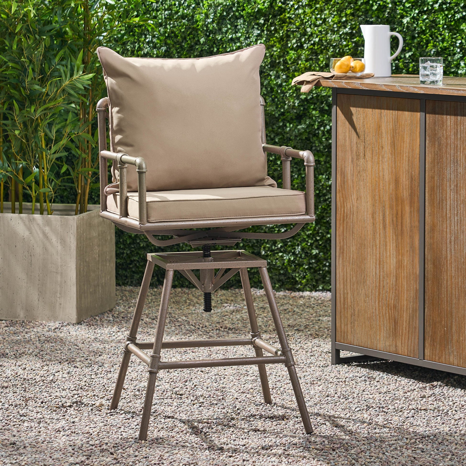 Industrial Outdoor Patio Plumber's Iron Frame Swivel Barstool With Cushions, Height Adjustable Noble House