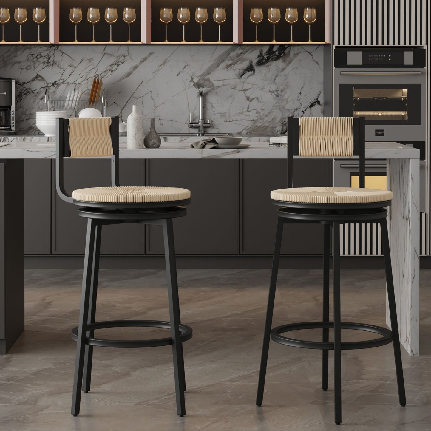 Bar Stools Swivel Counter Chairs With Metal Frame Hand Woven Paper Rope Dining Barstools For Kitchen Counter (Set of 2) Home Essentials