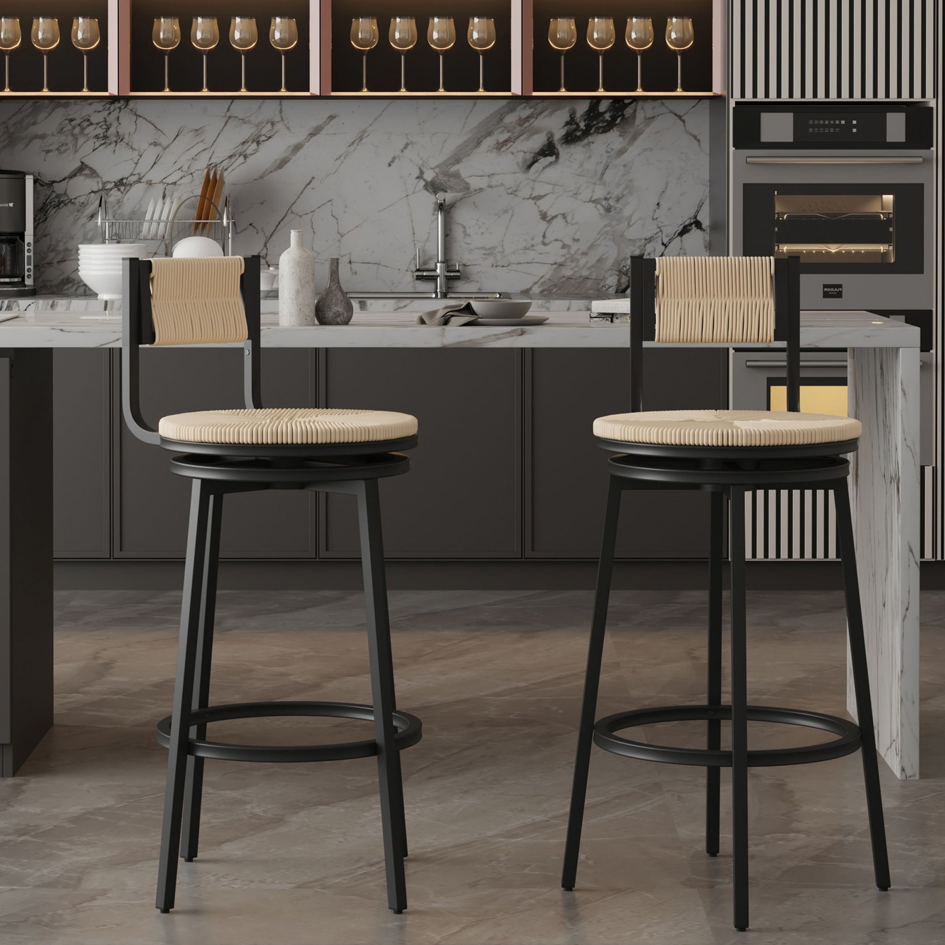 Bar Stools Swivel Counter Chairs With Metal Frame Hand Woven Paper Rope Dining Barstools For Kitchen Counter (Set of 2) Home Essentials