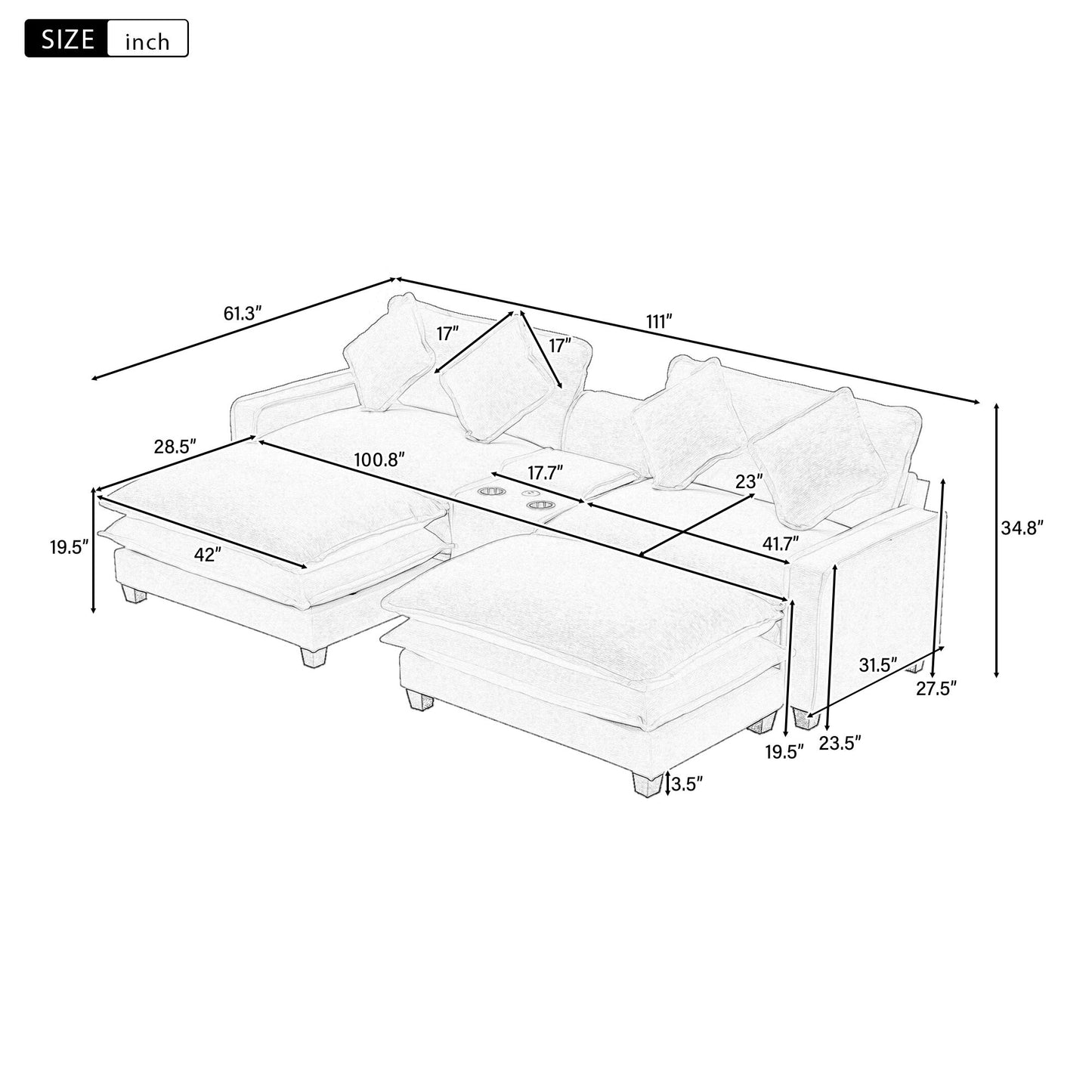 Sectional Sofa Chenille Upholstered Sofa With Two Removable Ottoman, Two USB Ports, Two Cup Holders And Large Storage Box For Living Room Hearth and Haven