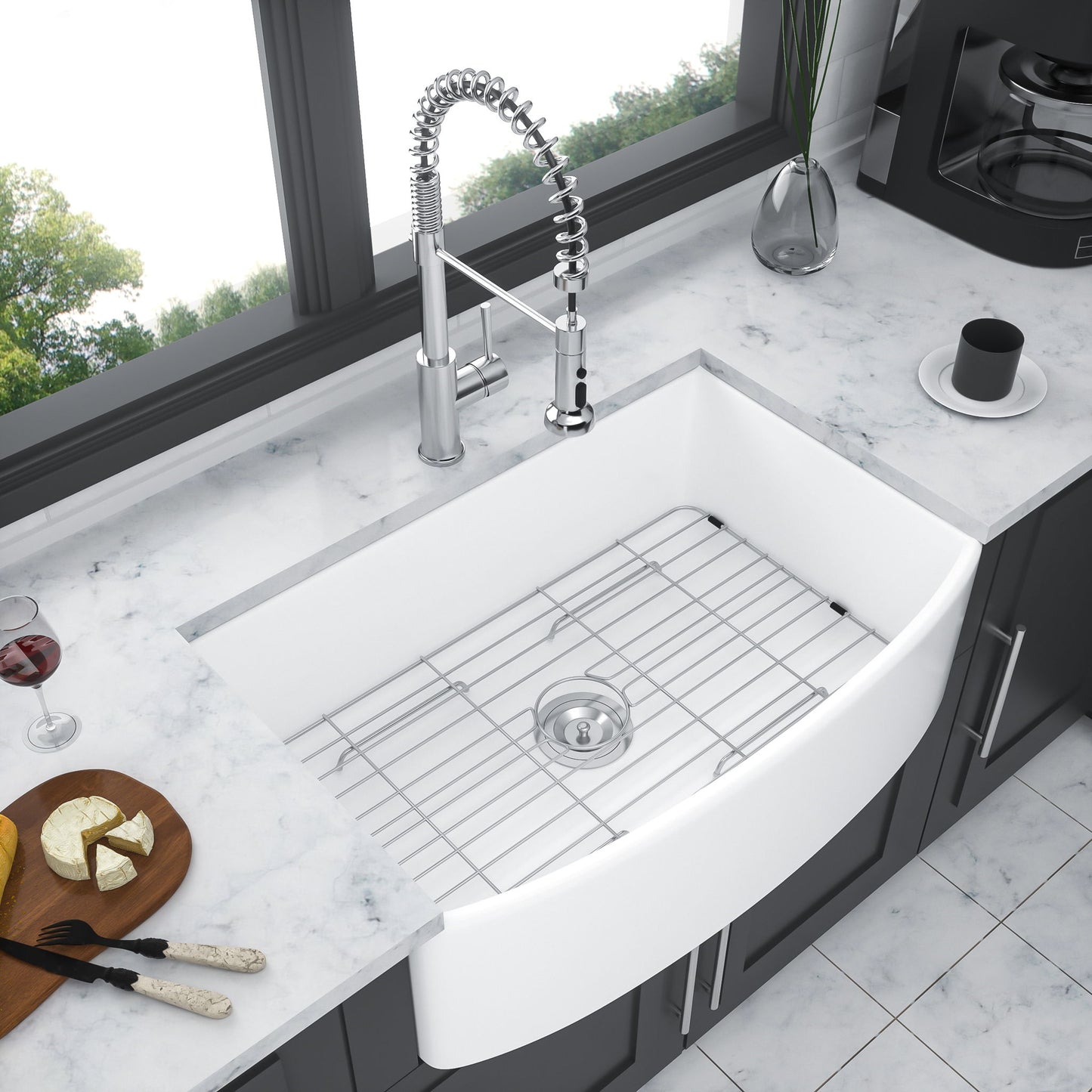 Ceramic Farmhouse Sink, Apron Front Single Bowl With Arch Edge Daily Nest